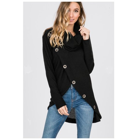 NWT BLACK Long Sleeve Waffle Turtle Neck W/Buttons - Picture 2 of 4